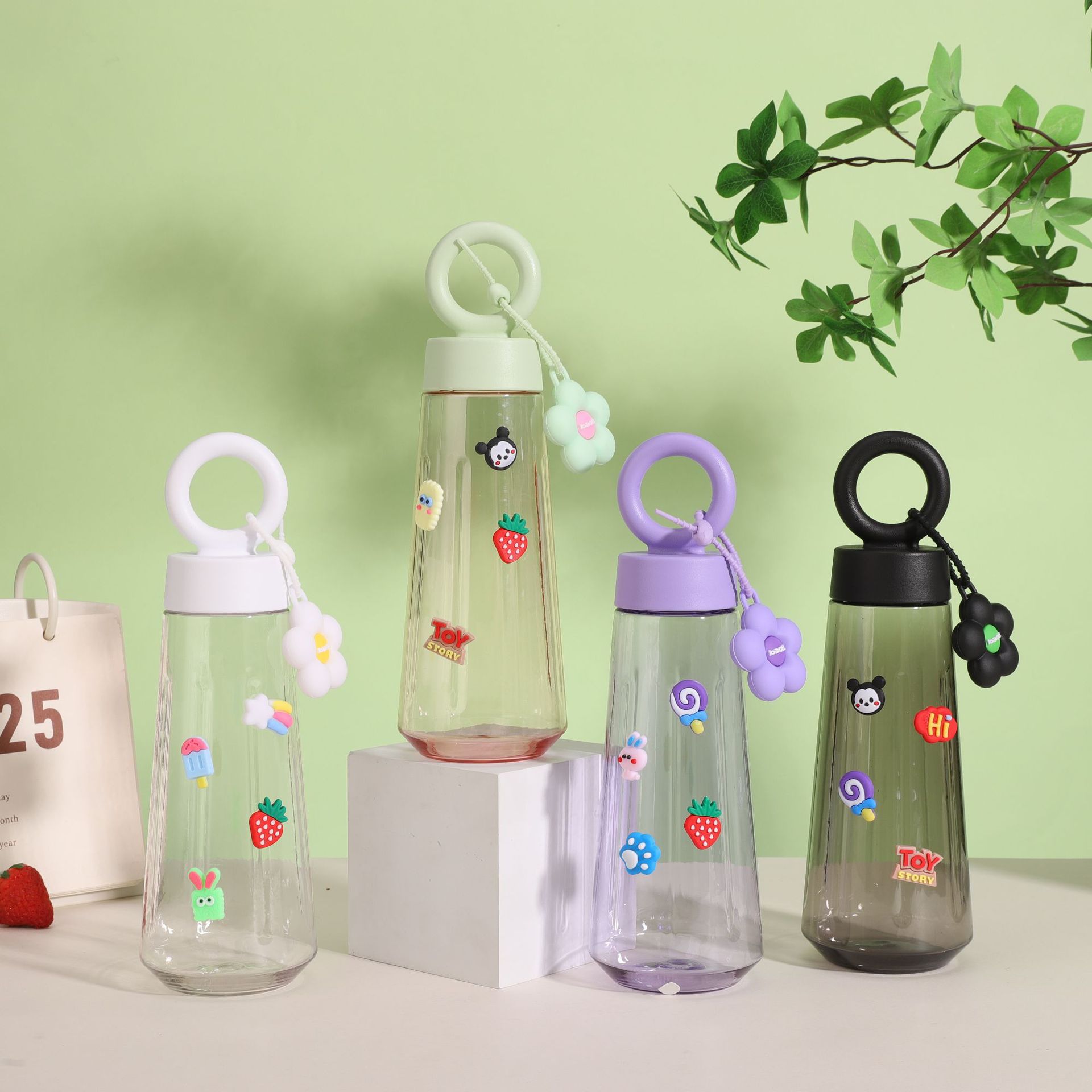 夏季新款花瓣塑料杯高颜值印花学生水杯便携户外手提运动水杯批发