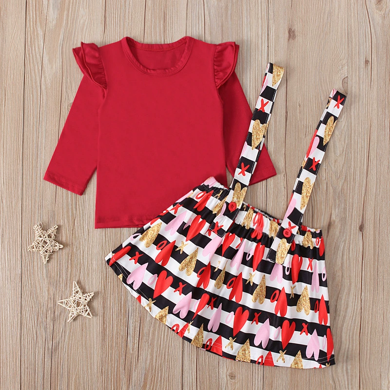 Demi-season colored long-sleeve for St. Valentine's Day, dress, skirt, set, European style, children's clothing