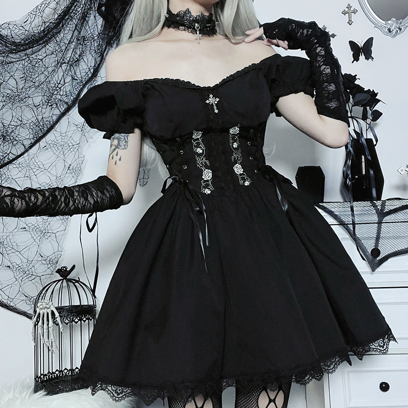 Gothic A-line Dress - Elegant Grunge Ruched Black Partywear for Women