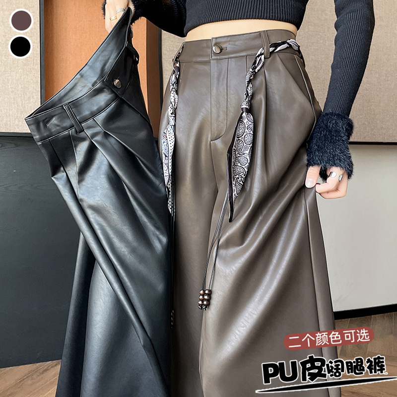 咖色PU皮丝带阔腿裤女2025秋新款高腰宽松显瘦直筒休闲拖地皮裤|undefined