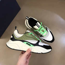 欧洲站情侣款慢跑时尚运动鞋牛皮拼接网眼织物厚底增高拼色休闲鞋