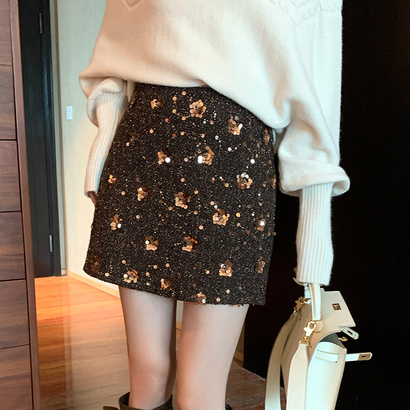 秀熙熙十三行2025冬季亮片高腰半身裙刺绣A字包臀短裙子女85321