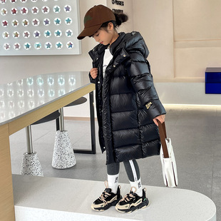 Children's Mid-Length Black Gold down Silk Jacket for Boys and Girls Baby Thickeneded New Winter Hooded Cold-Proof Jacket Trendy