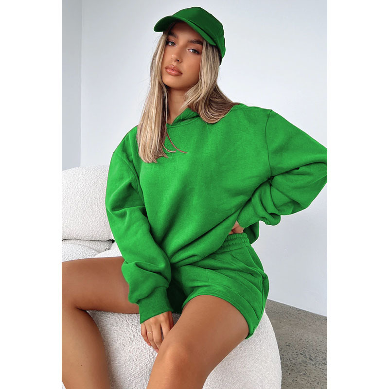 Autumn Winter Solid Color Hooded Pullover Long Sleeve Sweaters Women Clothing Shorts Suit