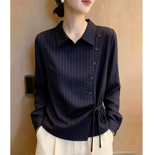 藏蓝色条纹翻领长袖女士衬衫2026早秋新款高级感系带收腰法式上衣