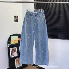 小众南油NN 2025秋冬高腰直筒显瘦拖地阔腿裤水洗蓝烫钻牛仔裤女
