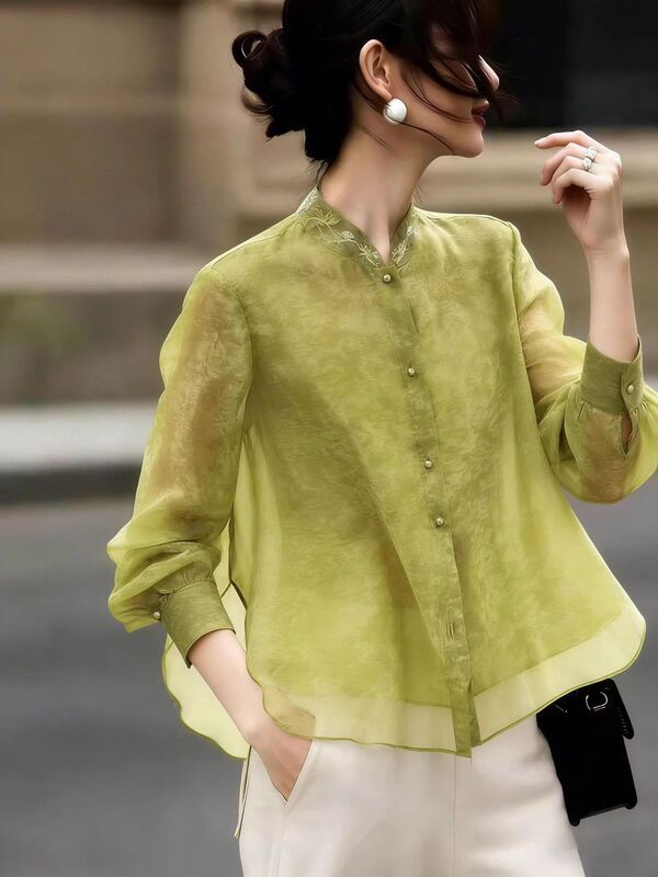 New Chinese-Style High-End Stand-Collar Long-Sleeve Shirt for Women, 2026 Spring New Fashion, Loose-Fitting Elegant Top for Work