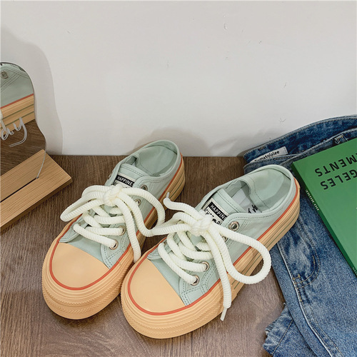  Internet Celebrity Live Broadcast Mint Green Canvas Shoes Women's Summer Two-Wear Flat Cloth Shoes Korean Style Casual Women's Shoes