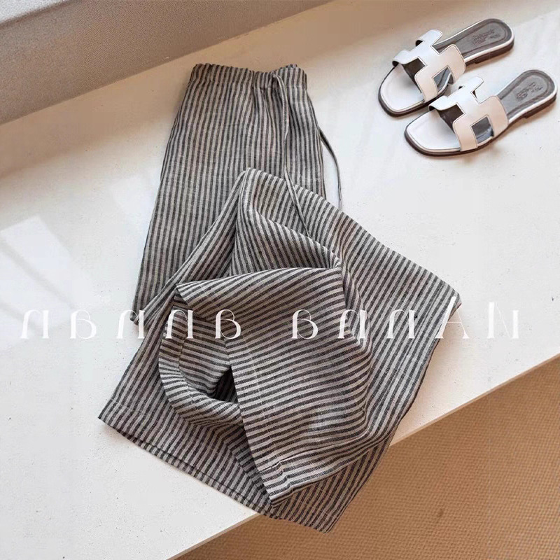 Vintage Lazy Style Striped Linen Wide-Leg Pants for Women 2026 Summer Relaxed High-Waisted Loose Drape Casual Long Pants