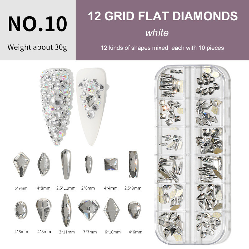 Joyería de uñas 12 rejilla mixta K9 plana en forma especial Temperatura de diamante Elf color mágico especial en forma de diamantes de imitación joyería de uñas al por mayor