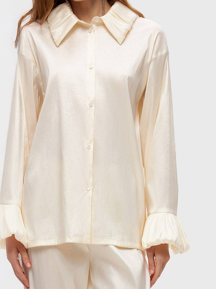 Bộ đồ ngủ dài tay dài quần viền bèo nhún phong cách Âu Mỹ, áo cardigan cài nút — Màu be chi tiết 35