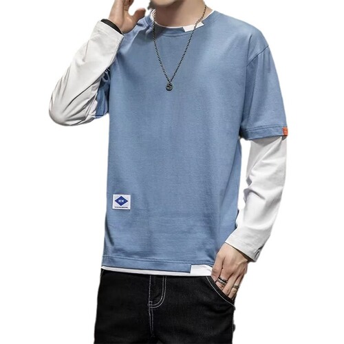 Men's Spring Korean Style Pajama Top with Long Sleeve Base Shirt, Round Neck Slim Fit Autumn T-Shirt Top