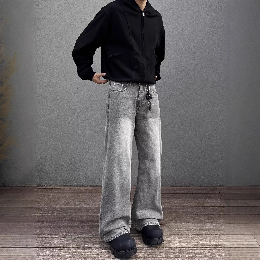 Men's Charcoal Gray Flared Jeans American Style Washed Vibe Straight Leg Loose Fit Casual Pants Mid Waist Slight Stretch_mkmklike.com