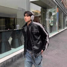 秋季美式撞色条纹PU皮衣短款外套男女潮牌宽松情侣短款机车服夹克