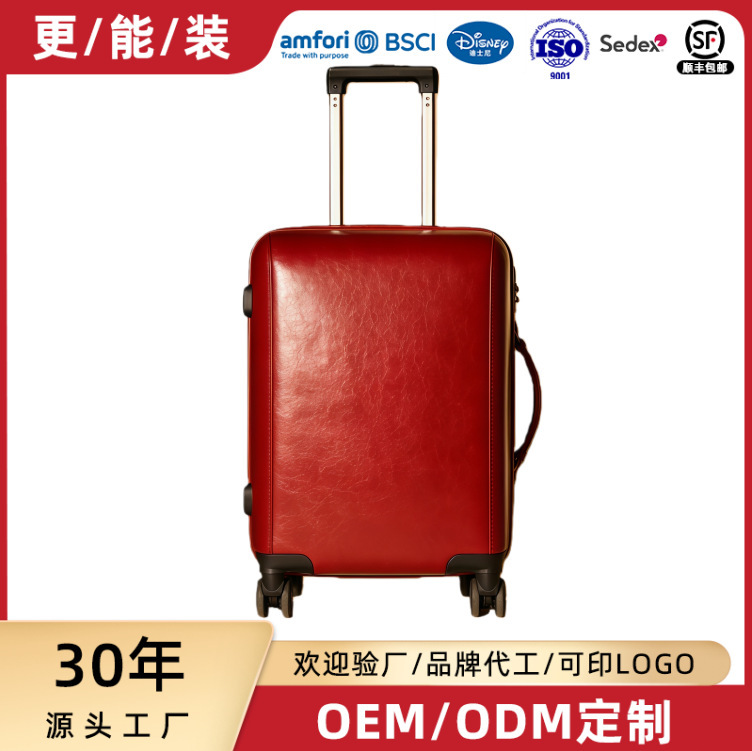 Leather Travel Suitcase with Wheels, Sports Overnight Weekend Luggage Bag, Hard-Shell Genuine Leather Lightweight Tsa Combination Lock Trolley Case