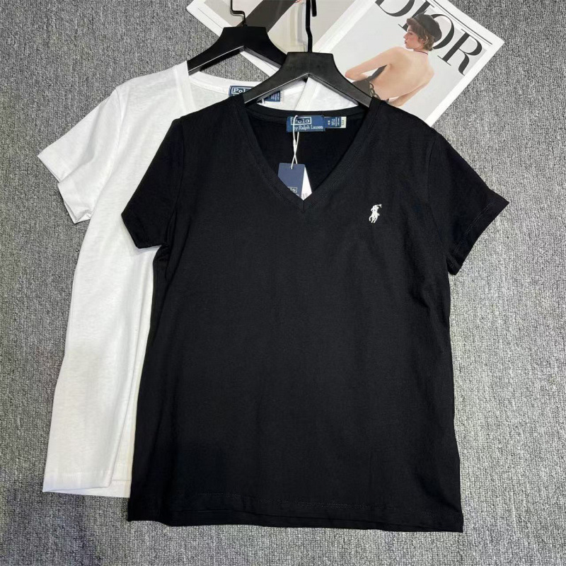 4-color sweep code ~ RL tide brand niche Raff women's classic pony logo V-neck simple fashion Joker T-shirt generation