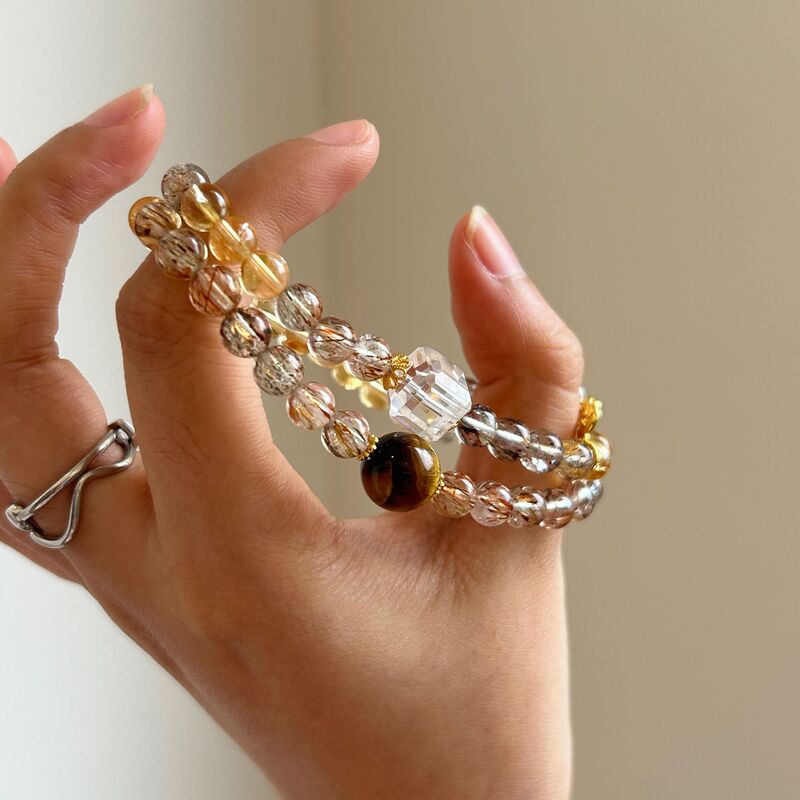 Qiaoen Natural Citrine Black Gold Super Yellow Tiger Eye S925 Silver White Crystal Personalized Niche White Crystal Bracelet Wholesale