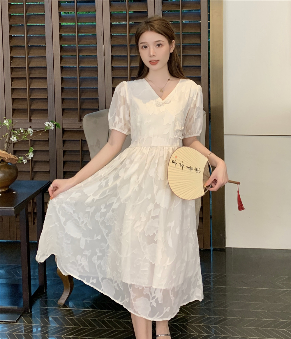 新中式温柔风甜美领短袖连衣裙女收腰显瘦长裙气质公主裙