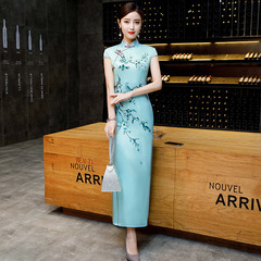 雙層側八扣短袖長款改良旗袍2025新款女走秀演出服裝廠家一件代發