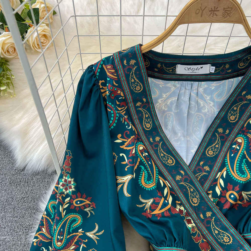Retro Court Style Lantern Dress Long Sleeved V Neck Belted a Line Printed Elegant Full Skirt for Women_ecoleips.com