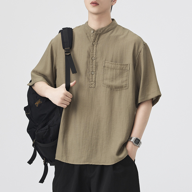 Fengshe Men's Clothing/Summer Cotton and Linen Shirt Japanese Style Retro Men's Short-sleeved Shirt American Style Trendy Mid-sleeved Shirt