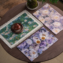 手绘油画风帆布花卉印花茶席抓边流苏干泡席家用茶桌防烫隔热垫子