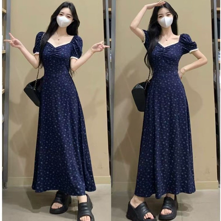 Плюс размер, французская кружевная длинная юбка с квадратным воротником, темно-синяя длинная юбка с цветочным принтом для женщин, летняя элегантная длинная юбка для похудения в стиле ретро, ​​сладкая длинная юбка для похудения