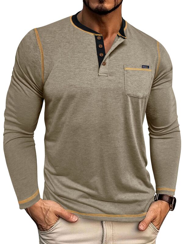 2025 クロスボーダーメンズ秋冬大きいサイズ対外貿易メンズ長袖 Tシャツヨーロッパとアメリカのメンズヘンリーシャツ 4 つボタントップ|undefined