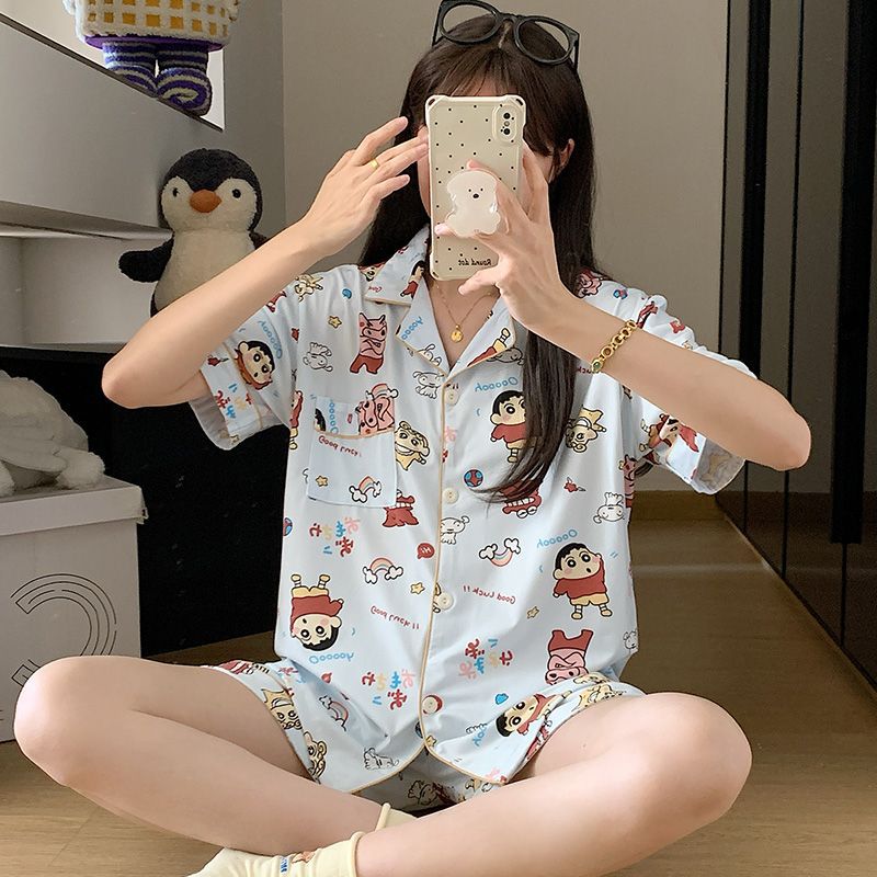 Venta al por mayor transfronteriza nuevo estilo imitación algodón de manga corta pantalones cortos pijamas mujeres rebeca de verano dulce y lindo dibujos animados casual servicio a domicilio