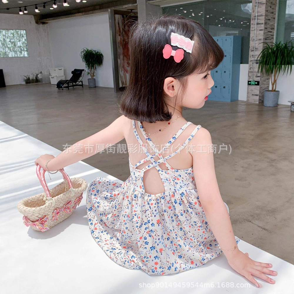 Girls Dress Summer Backless Suspender Princess Dress Fashionable Baby Summer Dress Kidsren's Chiffon Floral Beach Skirt