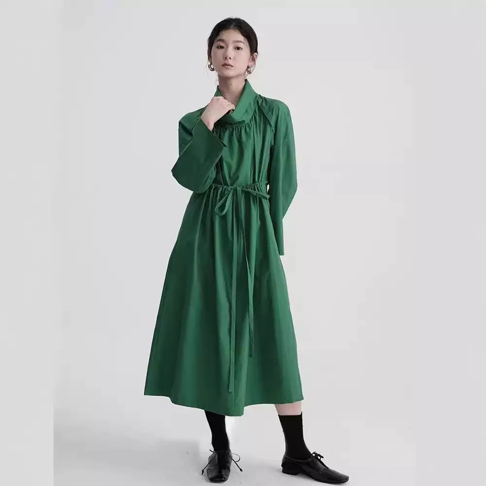 2025春款原创设计感绿色棉质腰部可调节抽褶长款连衣裙外套A0810