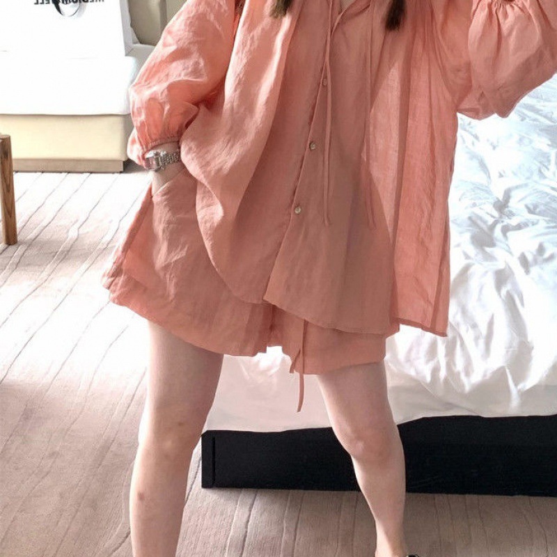 法式慵懒风防晒衬衫短裤两件套薄款抽绳女夏泡泡袖开衫套装遮肚|undefined