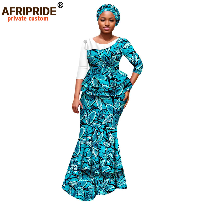 in stock African Print Long Sleeve Wax Cotton dress Turban 2526004