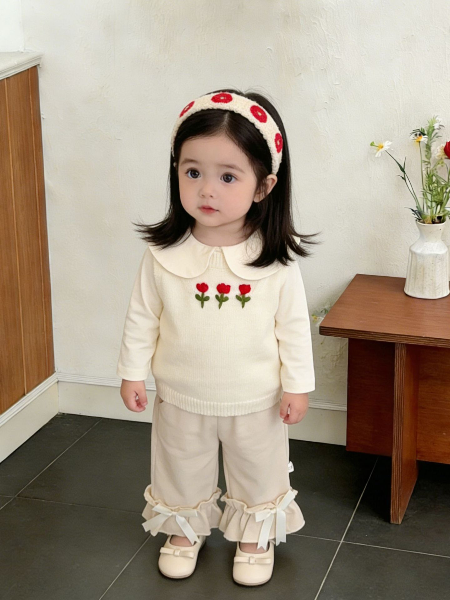 Niñas primavera extranjera chaleco de punto 2026 nuevo otoño bebé coreano plegado chaleco de moda camisa de hombro