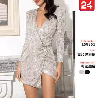 2025亚马逊欧美新款欧美女装亮片连衣裙不规则时尚夜店珠片短裙春
