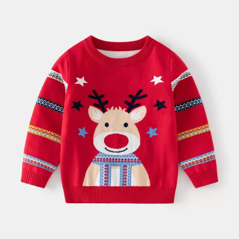 欧美风童装男童圣诞小鹿套头毛衣秋新款跨境直供儿童彩条袖针织衫