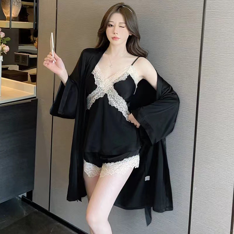 Pajamas for Women, Spring and Summer New Style, Satin Ice Silk Camisole Nightdress, Nightgown, Shorts Three-Piece Set with Chest Pad, Home Wear, Cool