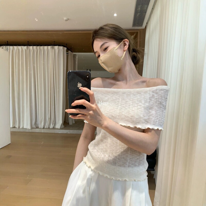 Hers Sweet Summer Korean Style Simple and Elegant Versatile Rolled Edge Off-Shoulder Short Sleeve Knitted Top for Women 80534