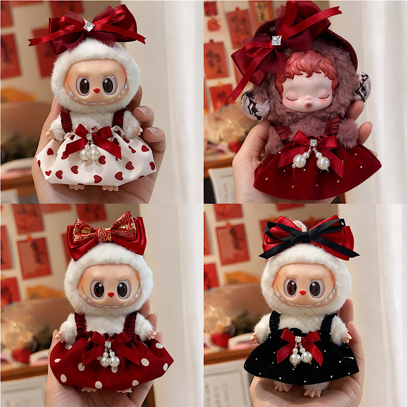 Original Handmade New Year Red Suspender Skirt 17cm Labubu Sp Guangzhuyuan 10cm Cotton Doll Clothes Change