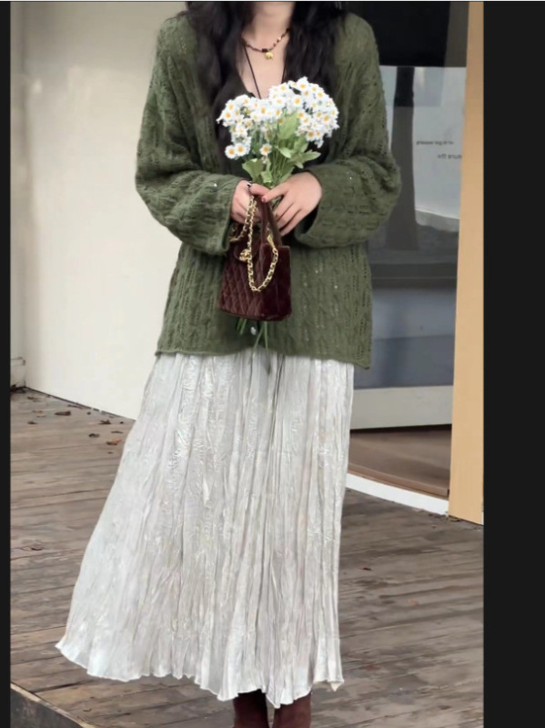 森系绿色镂空针织开衫女2025新款早秋金丝鱼尾压褶松紧半身裙女装|undefined