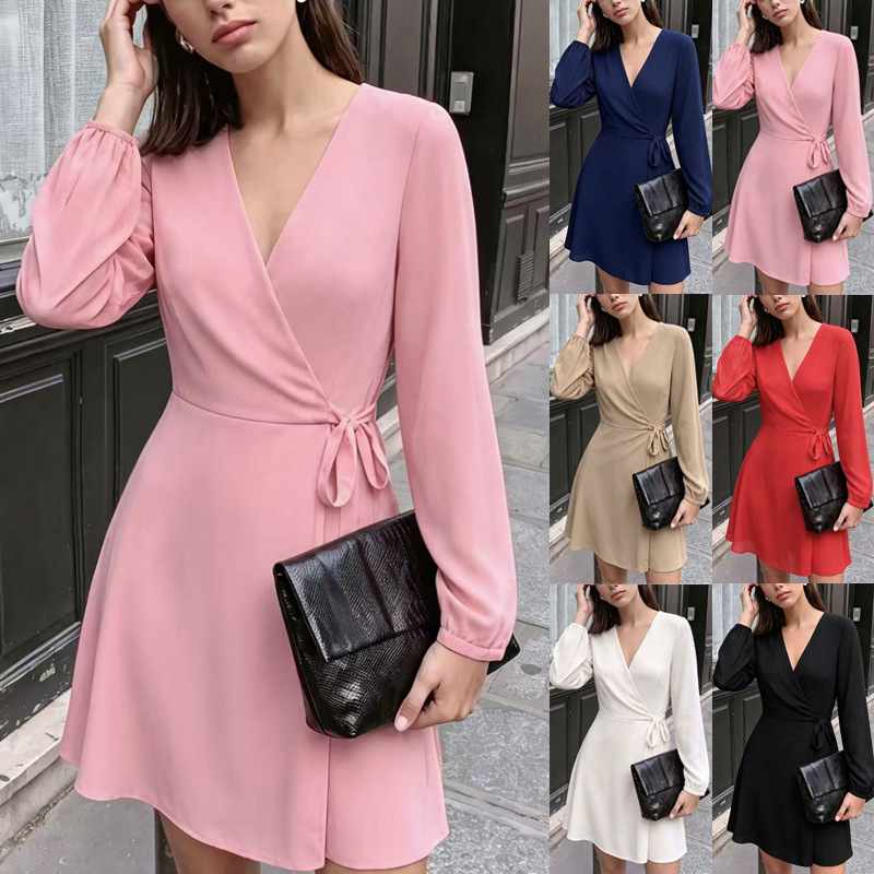 2026 Amazon European and American Women's Clothing V-neck Wrap Dress Long Sleeve Puff Sleeve Waist Tie Party Short Dress 2026 Amazon European and American Women's Clothing V-neck Wrap Dress Long Sleeve Puff Sleeve Waist Tie Party Short Dress