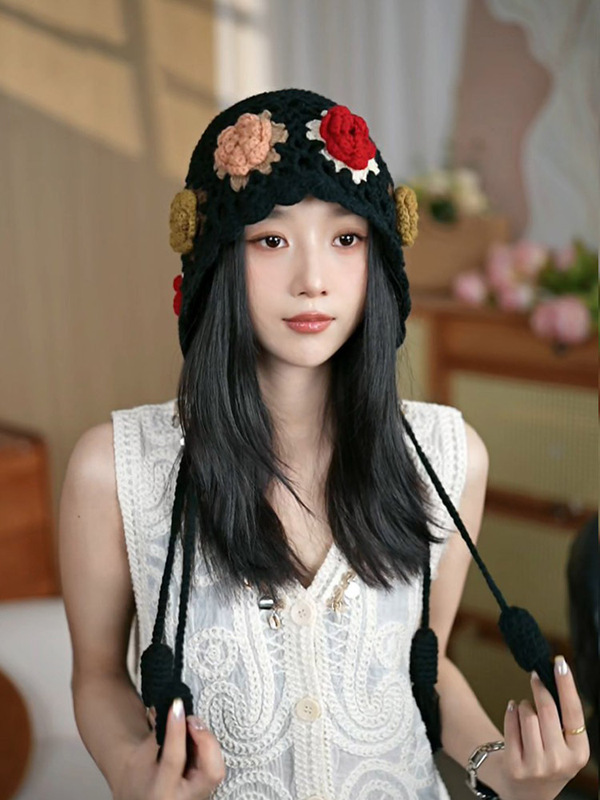 民族风手工钩花针织帽子女秋冬2025新款保暖毛线帽显脸小流苏帽女|undefined
