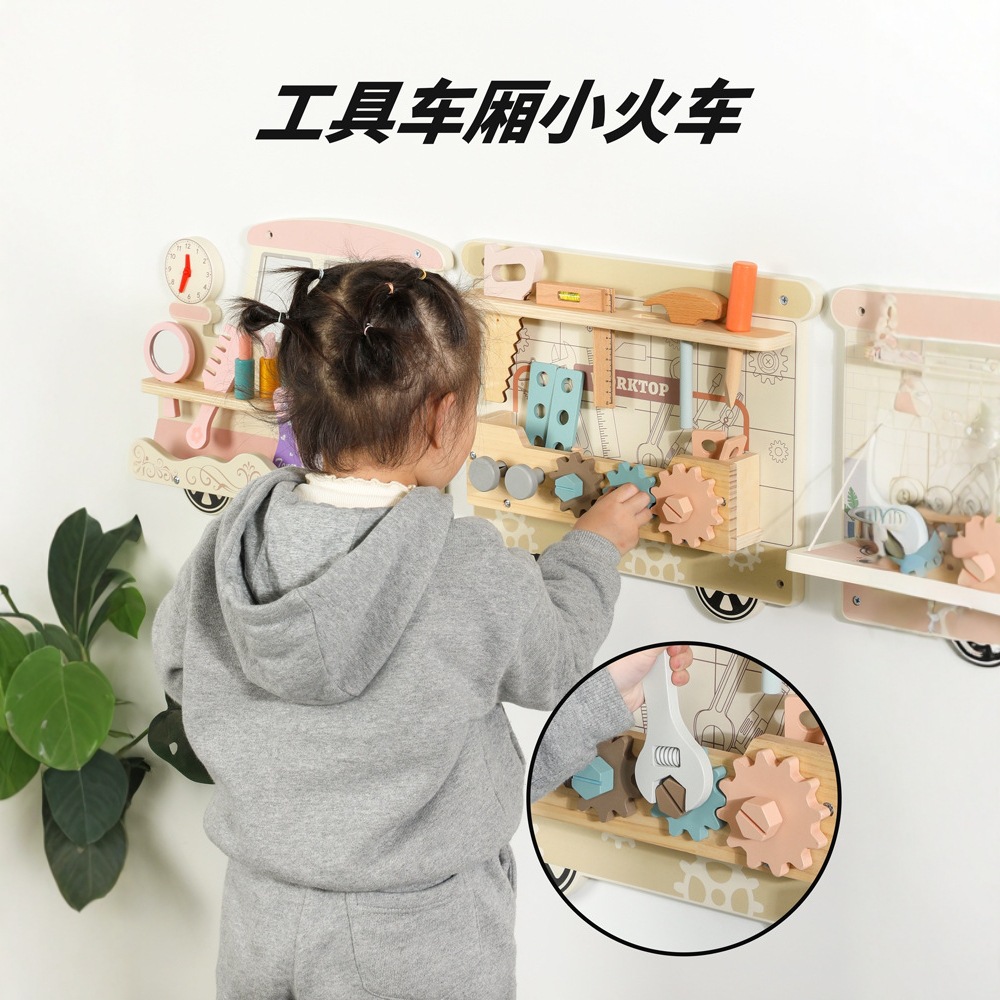 Nuevos productos transfronterizos, juguetes de madera para niños, jardín de infantes, educación temprana Montessori, parque de atracciones de pared de tablero ocupado multifuncional