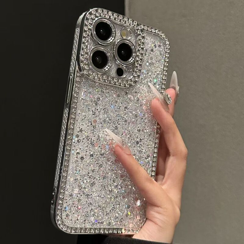Suitable for Apple 17Promax Mobile Phone Case with Diamonds, 13 Resin-Coated 15Pro Couple's 16 Electroplated Glitter Female Protective Case