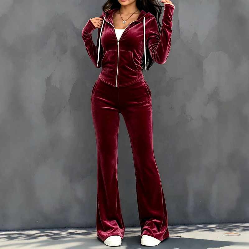 European and American Autumn and Winter New Women's Clothing Casual Fashion Women's Zipper Hoodie High-Waisted Pants Solid Color Velvet Suit