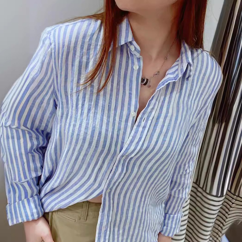 Embroidered Cotton and Linen Stripesd Shirt Women's Long-Sleeved Boyfriend Style Autum Retro Design Niche Loose Linen Lining