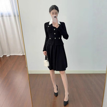 2025SP秋冬优雅气质撞色明星同款针织收腰长袖连衣裙短裙250438