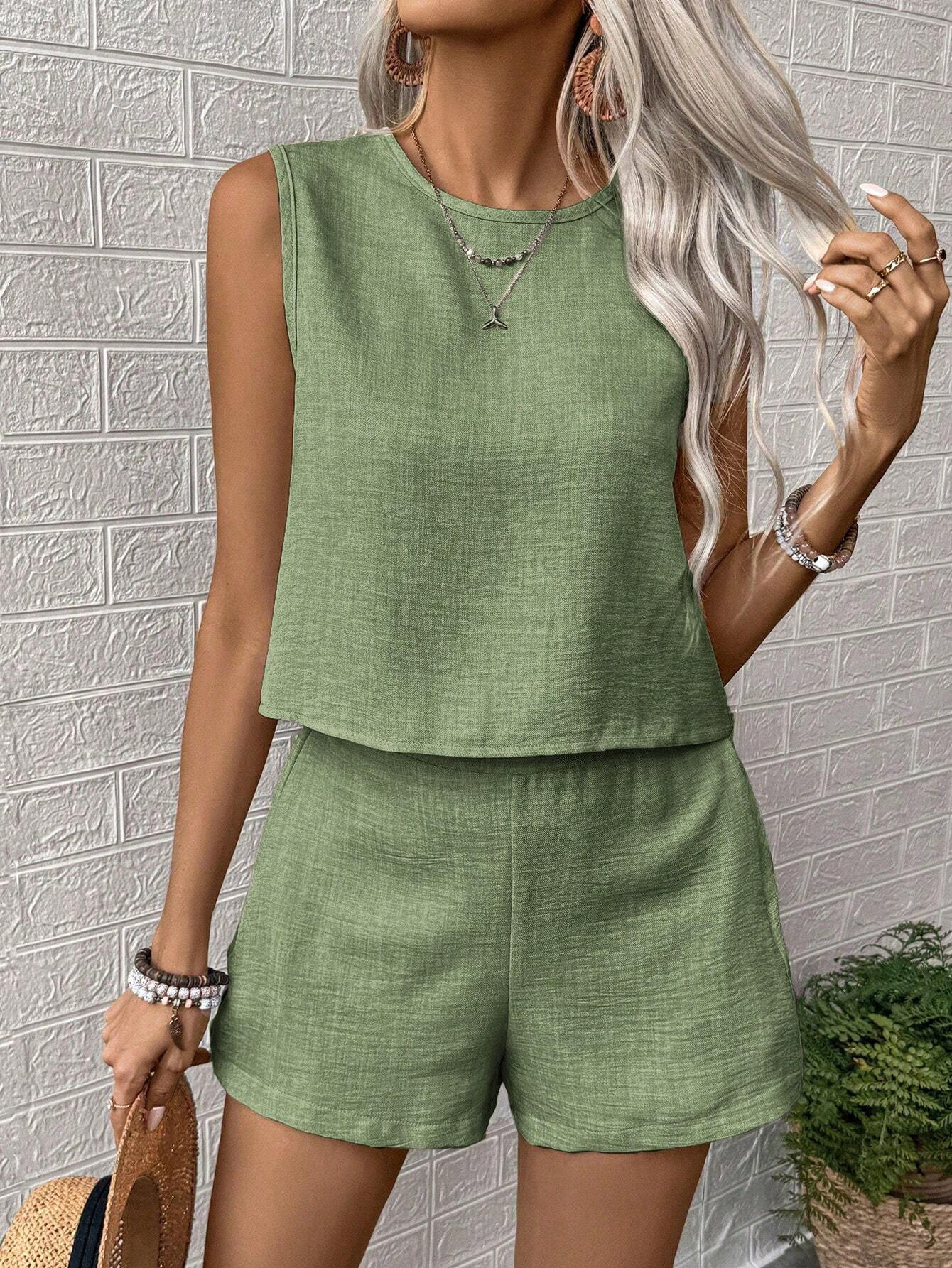 280g Weight Sleeveless Sleeve Length Polyester Fabric Type Shorts Co-ord Set Sets Type 2 Pieces Set Quantity Holiday Occasion Round Neck Neckline Comfort Function Regular Fit Fit Type Solid Color Pattern 2025 Spring and Summer Season Women's Gender Vacation, Simple Style Style Holiday Women's Vacation Simple Style Solid Color Polyester Shorts Co-ord Set Shorts Sets 24
