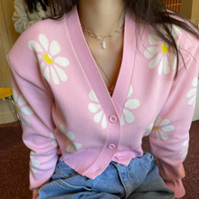 韩国东大门菊花图案针织开衫时尚印花扣V领针织衫长袖花朵图案