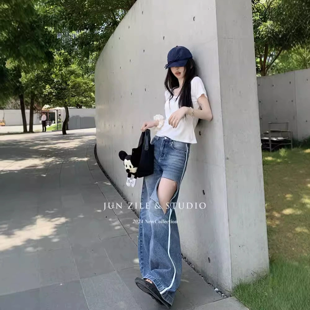 Retro spring trousers, jeans, American style, high waist, loose straight fit